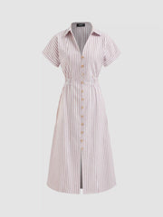 Cotton-blend V-neck Stripe Button Through Elastic Waist Shirt Midi Dress