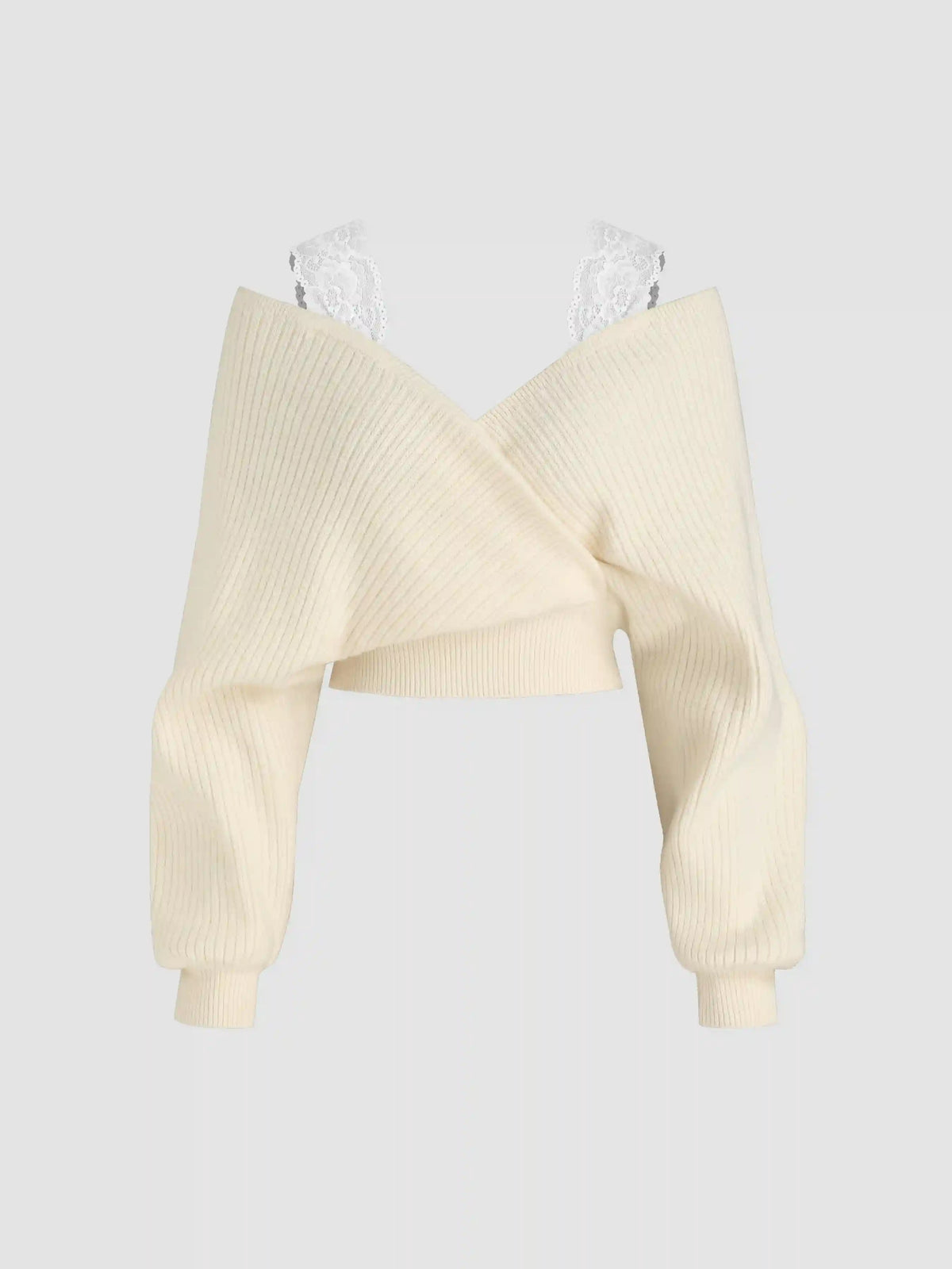 V-neck Solid Lace Knit Crop Wrap Sweater