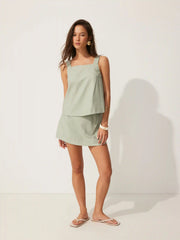 Linen-blend Square Neck Bowknot Top & Mid Rise A-line Mini Skirt Set