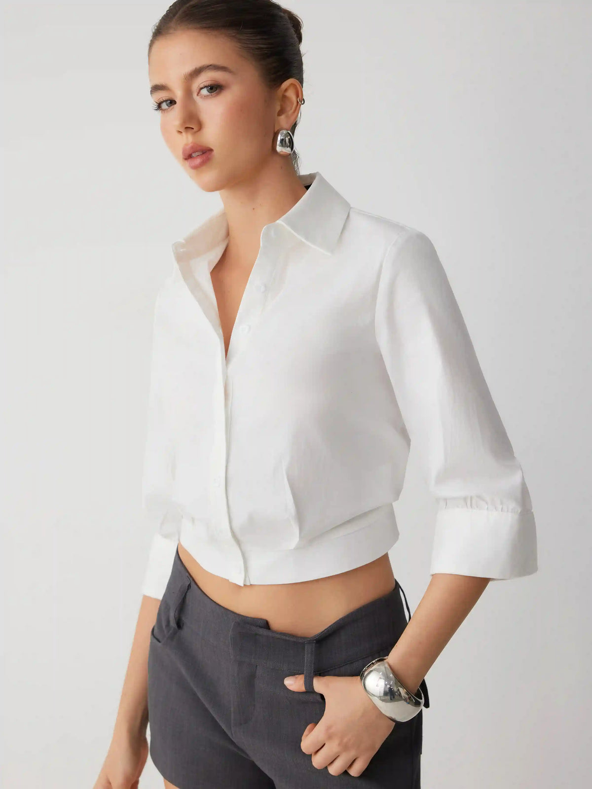 Cotton-blend Rolled Cuff Sleeve Banded Hem Shirt