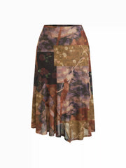 Mesh Mid Rise Abstract Graphic Floral Asymmetrical Hem Maxi Skirt Curve & Plus