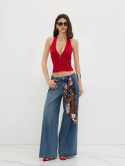 V-neck Halter Zipper Lace Up Top