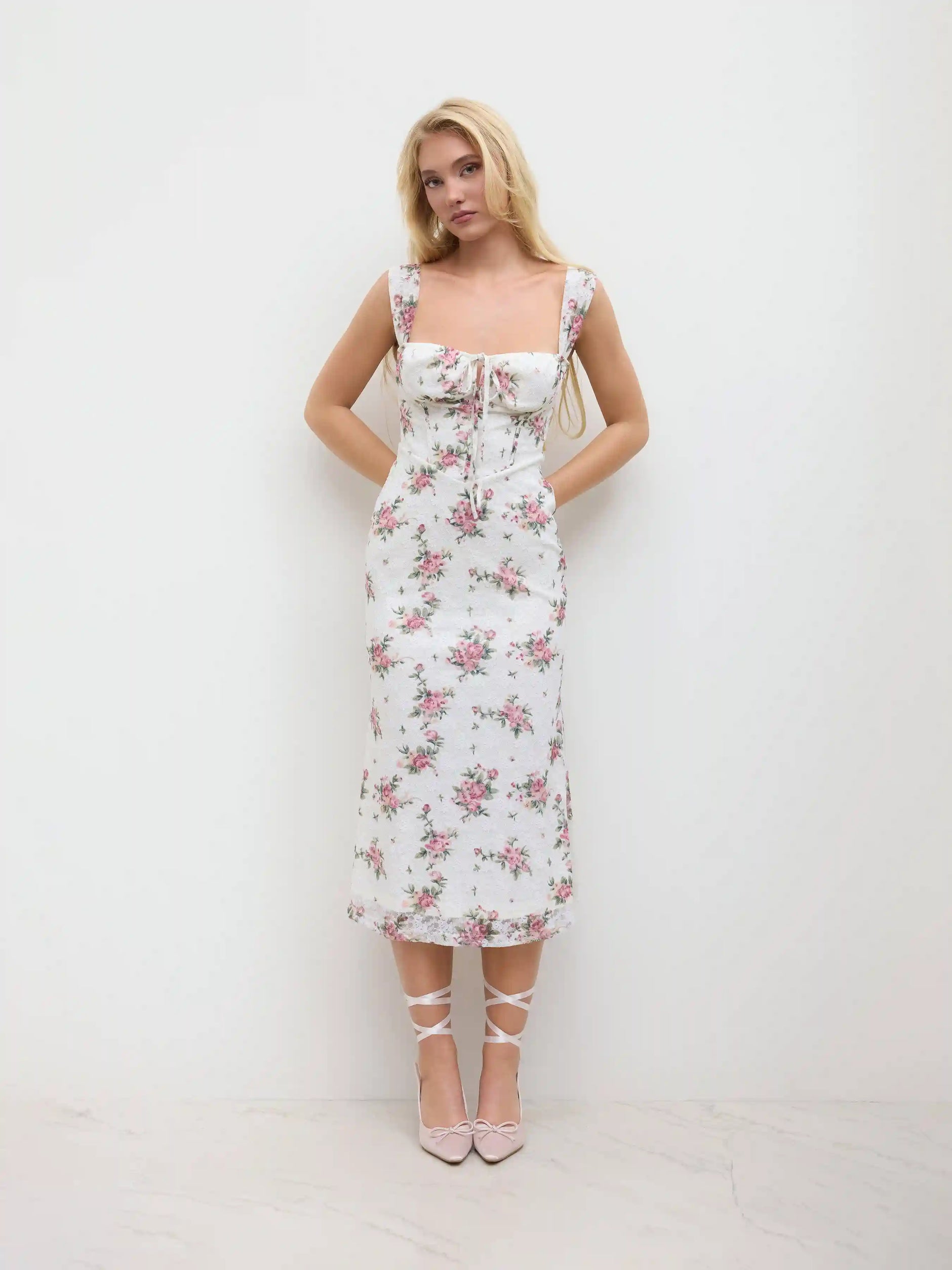 Lace Floral Knotted Ruffle Midi Dress