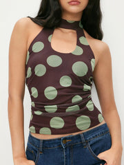 Mesh Polka Dot Halter Neckline Ruched Top