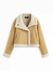 Faux Shearling Collar Metal Button Oversized Cropped Jacket