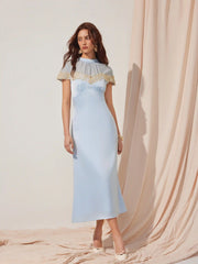 Satin Stand Collar Lace Panel A-line Maxi Dress