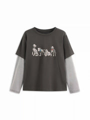 Dog Graphic Striped Long Sleeve Two Tone Oversized Tee Curve & Plus