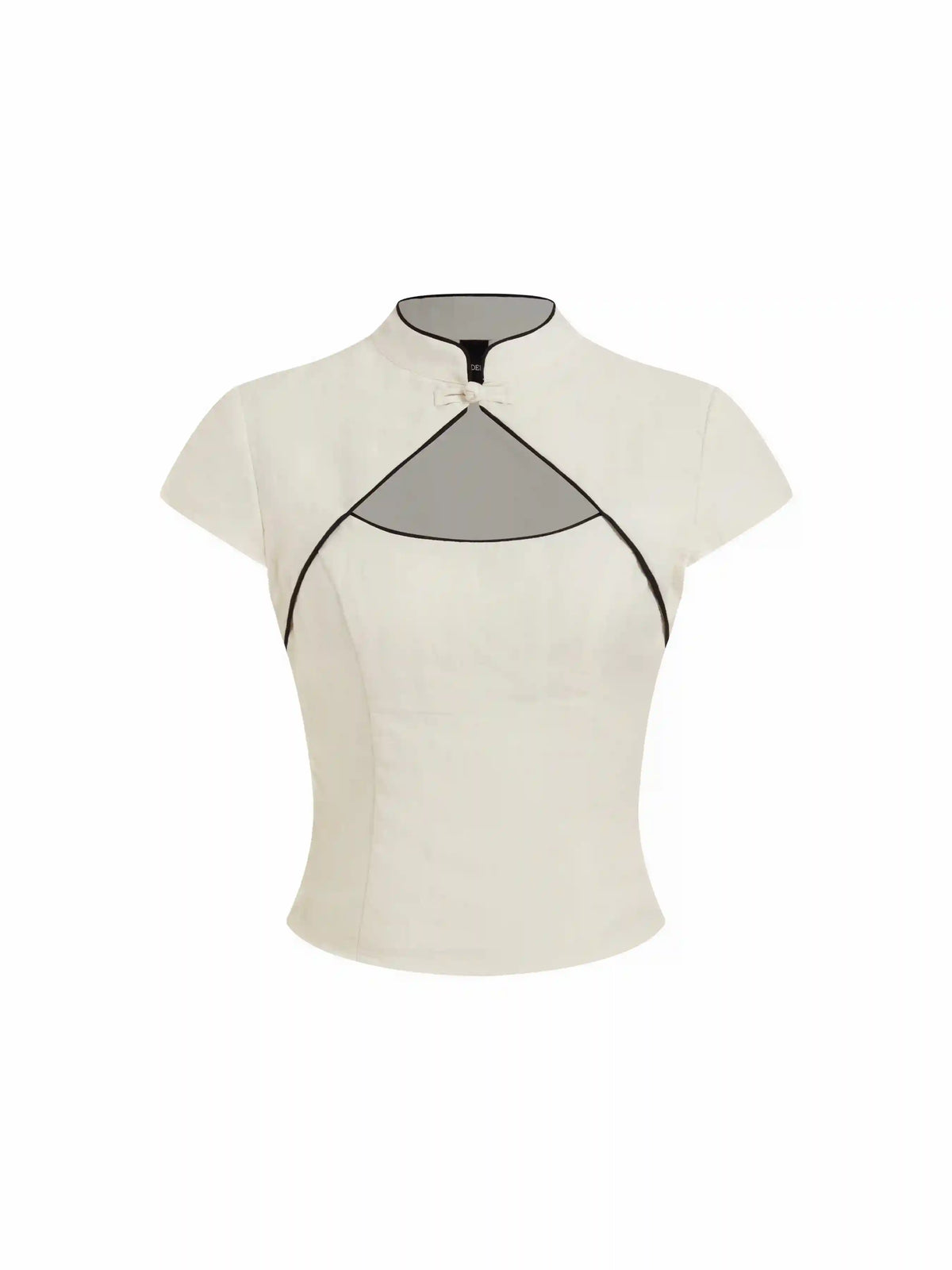 Linen-blend Stand Collar Short Sleeve Cut Out Contrasting Binding Blouse