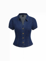 Stretch Denim Collar V-neck Short Sleeve Blouse