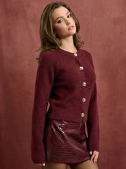 Knit Round Neckline Long Sleeve Metal Button Cardigan