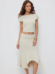 Ruffled Sleeve Backless Crop Top & Low Rise Asymmetrical Hem Skirt Set