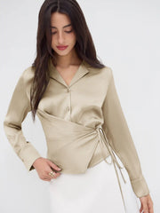 Notched Collar Ruched Knotted Shirt