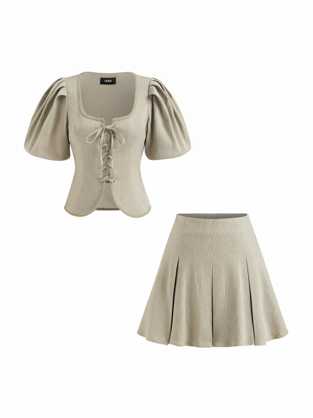 Cotton-blend U-neckline Stripe Tie Front Bow Lantern Sleeve Top & Mid Rise Pleated Mini Skirt Set