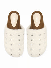STUDDED FUZZY MULE FLATS