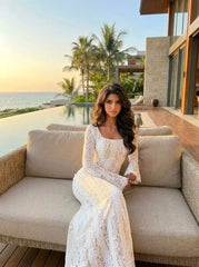 Floral Lace Square Neck Bell Sleeve Mermaid Maxi Dress