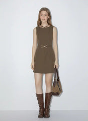Boat Neck Metal Detail Zipper Mini Dress With Belt