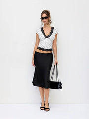 Cotton-blend Polka Dot V-neck Short Sleeve Lace Trim Bowknot Top