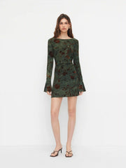 Boat Neck Floral Ruched Backless Metal Detail Lettuce Trim Mini Dress
