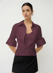 Cotton Collar Mid-length Sleeve Shirt  with Cami Top