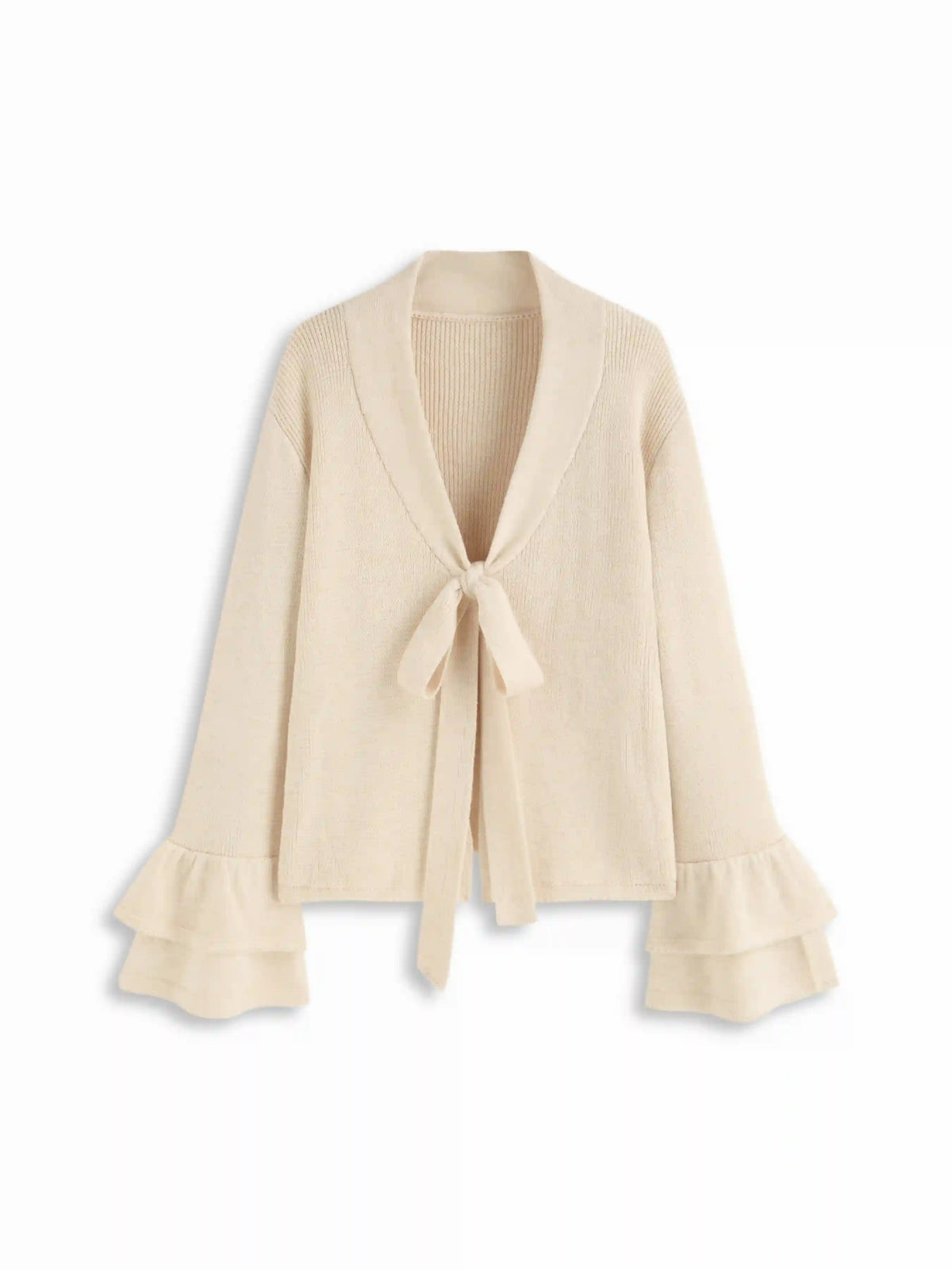 Wool-blend V-neck Ruffle Sleeve Bowknot Oversized Cardigan