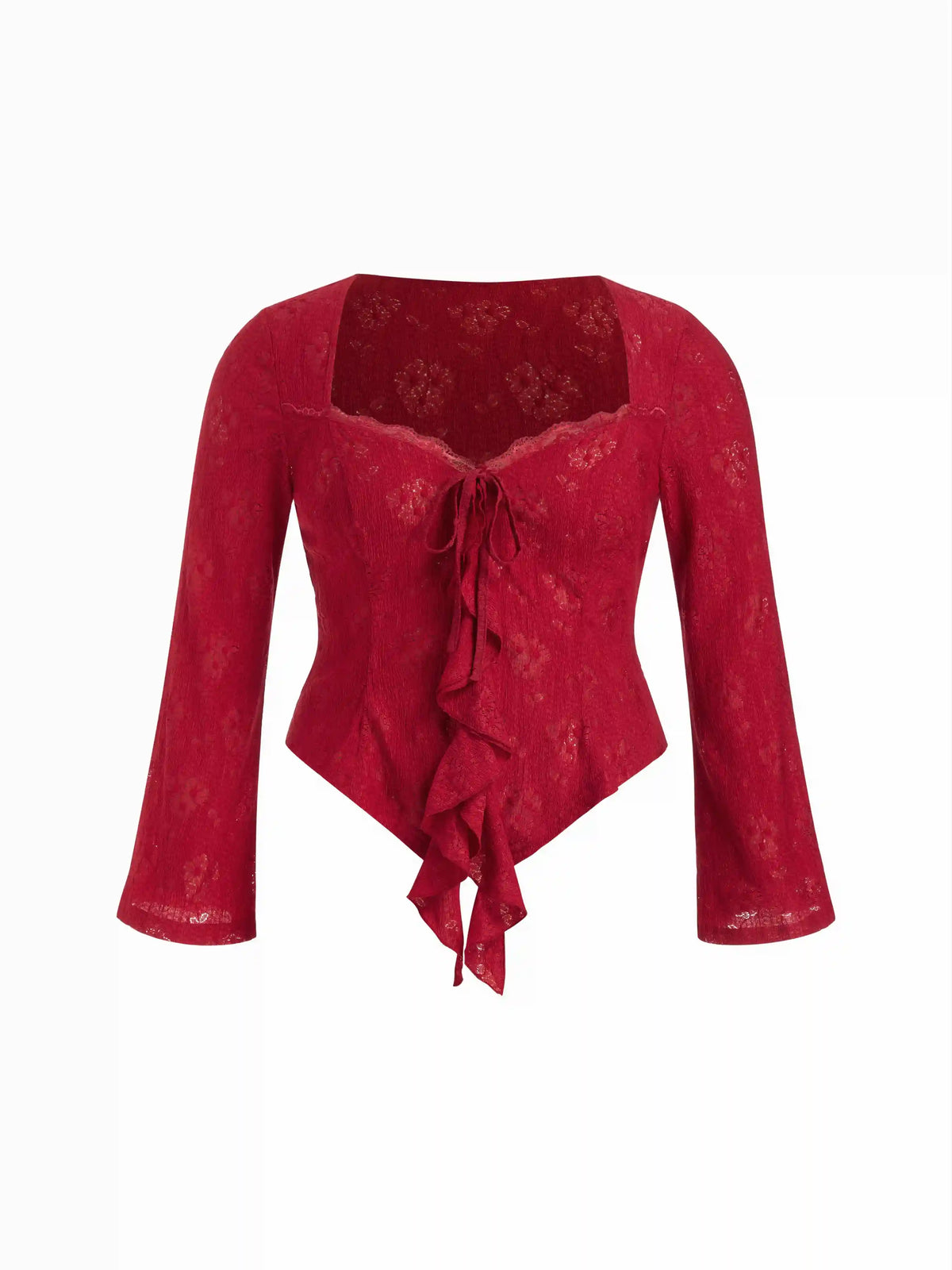 Jacquard Bell Sleeve Sweetheart Floral Lace Ruffle Tie-Front Curve & Plus