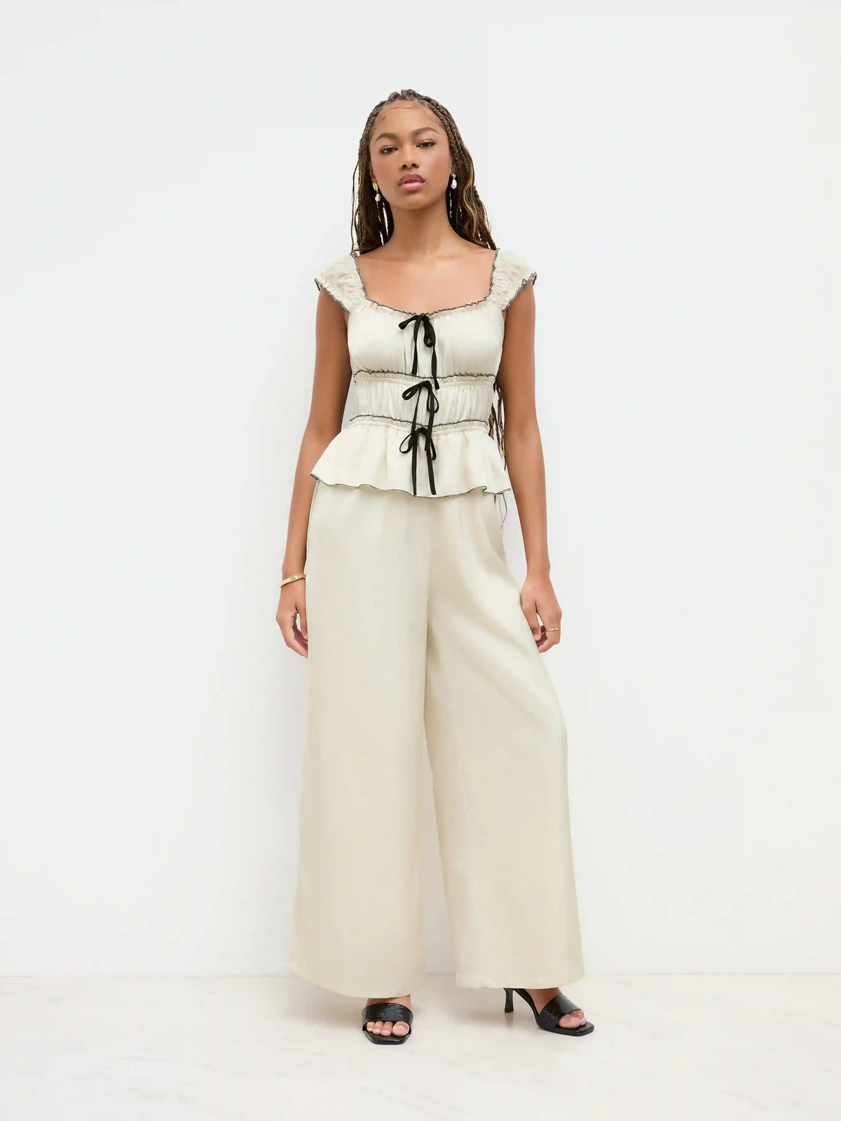 Square Neck Bowknot Contrasting Binding Lettuce Trim Tiered Jumpsuit
