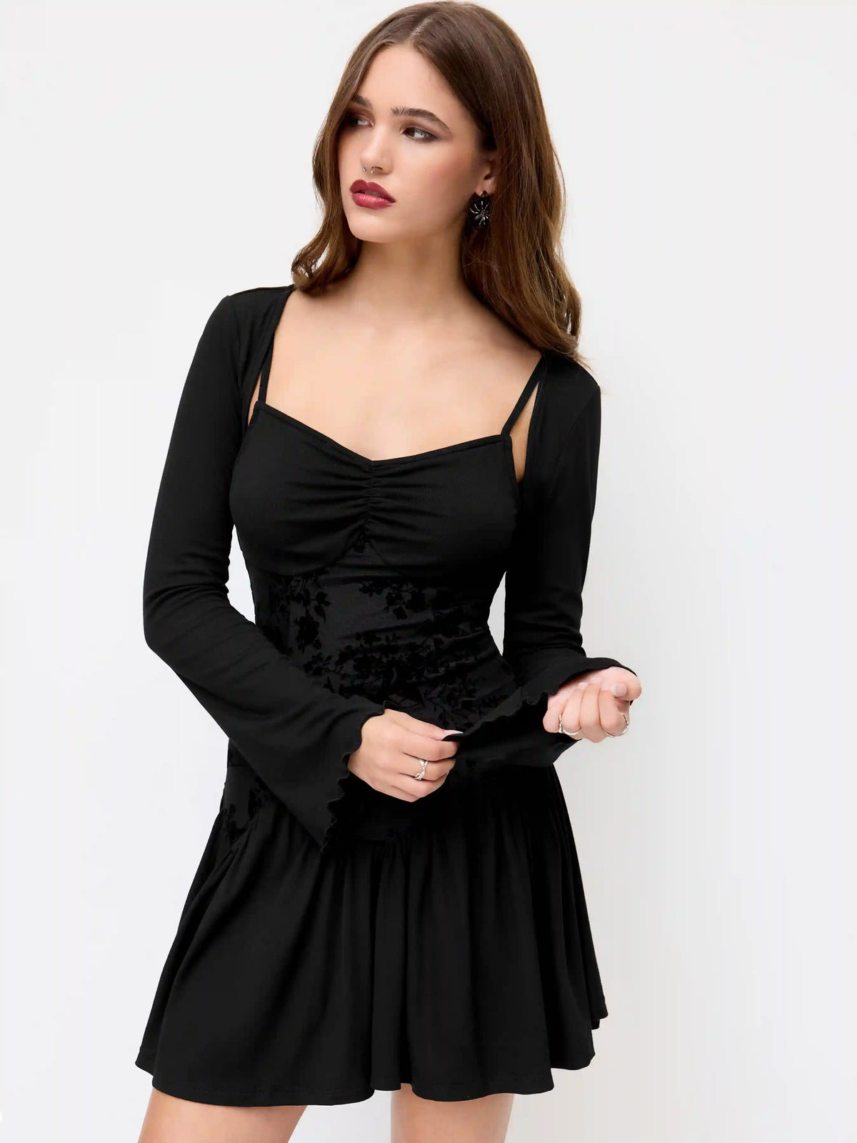 Square Neck Ruched Ruffle Hem Cami Mini Dress With Shrug