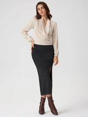 Satin V-neck Wrap Zip Long Sleeve Blouse