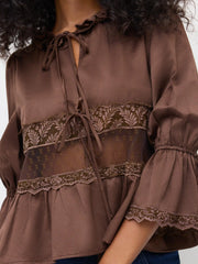 Round Neckline Lace Lettuce Trim Tie Front Blouse