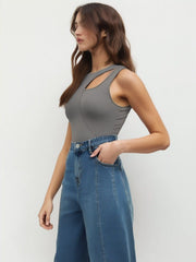 Knit Round Neck Asymmetrical Solid Bodysuit
