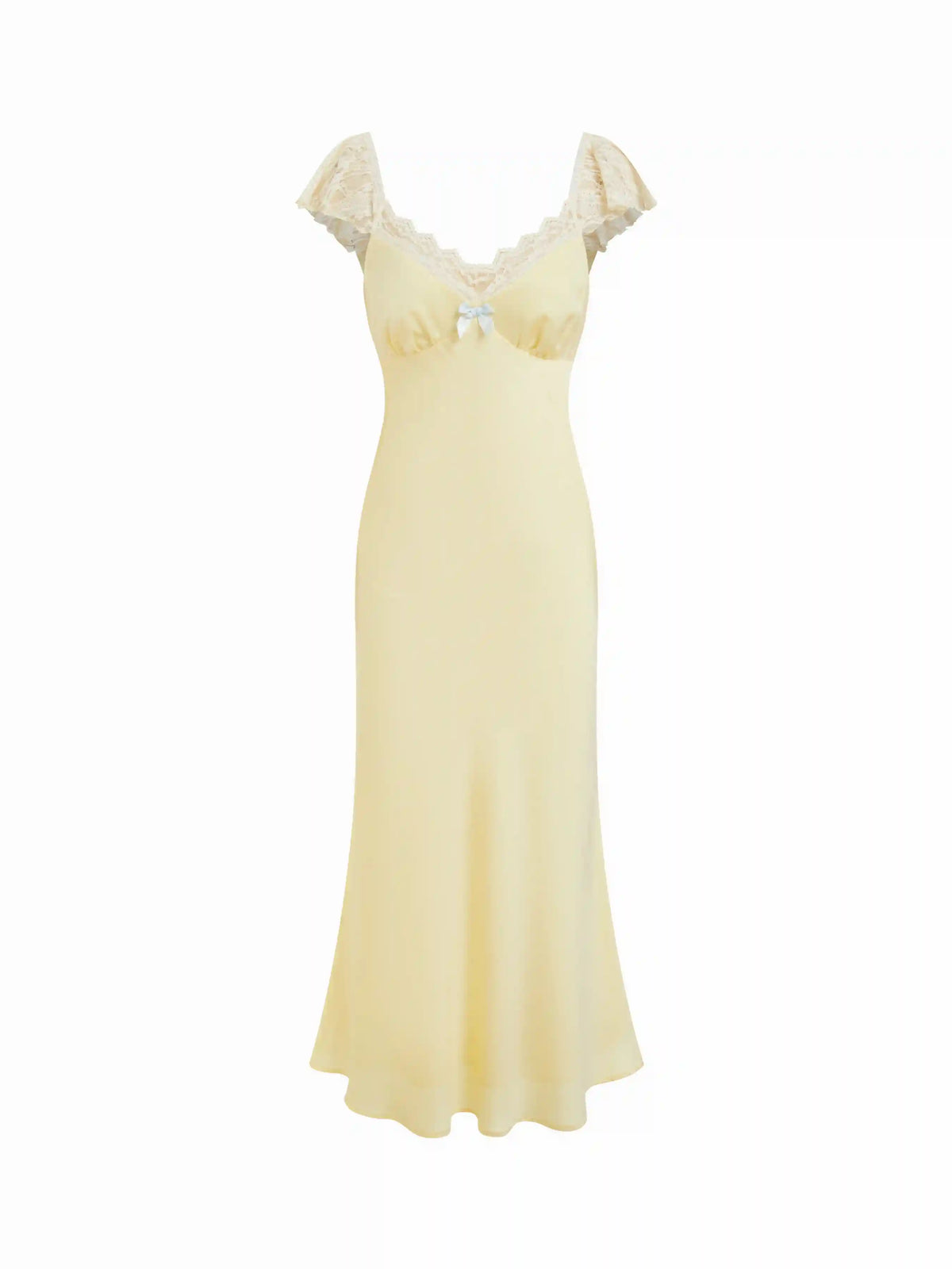 Satin Sweetheart Ruffle sleeve Lace Panel Bowknot Ruched Mermaid Maxi Dress