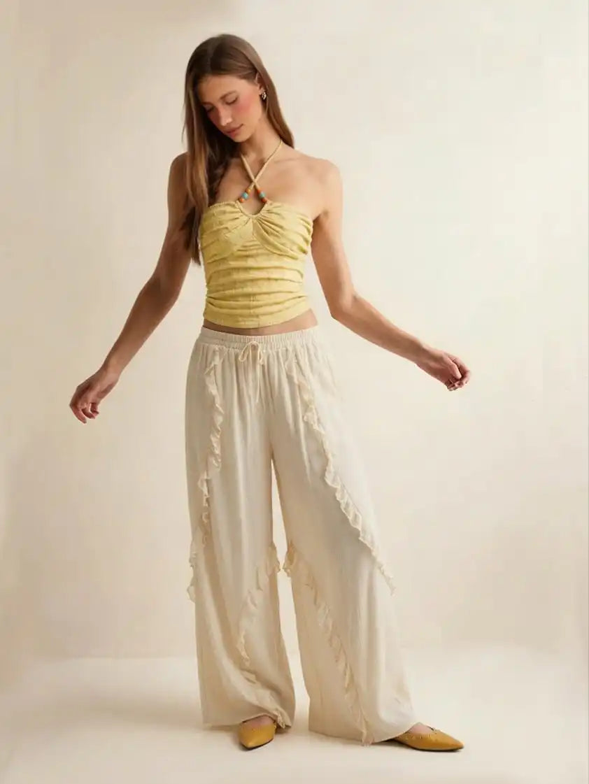 Low Rise Lace Ruffle Drawstring Wide Leg Trousers