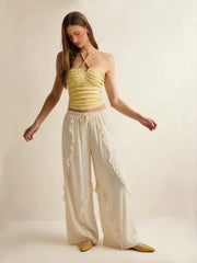 Low Rise Lace Ruffle Drawstring Wide Leg Trousers