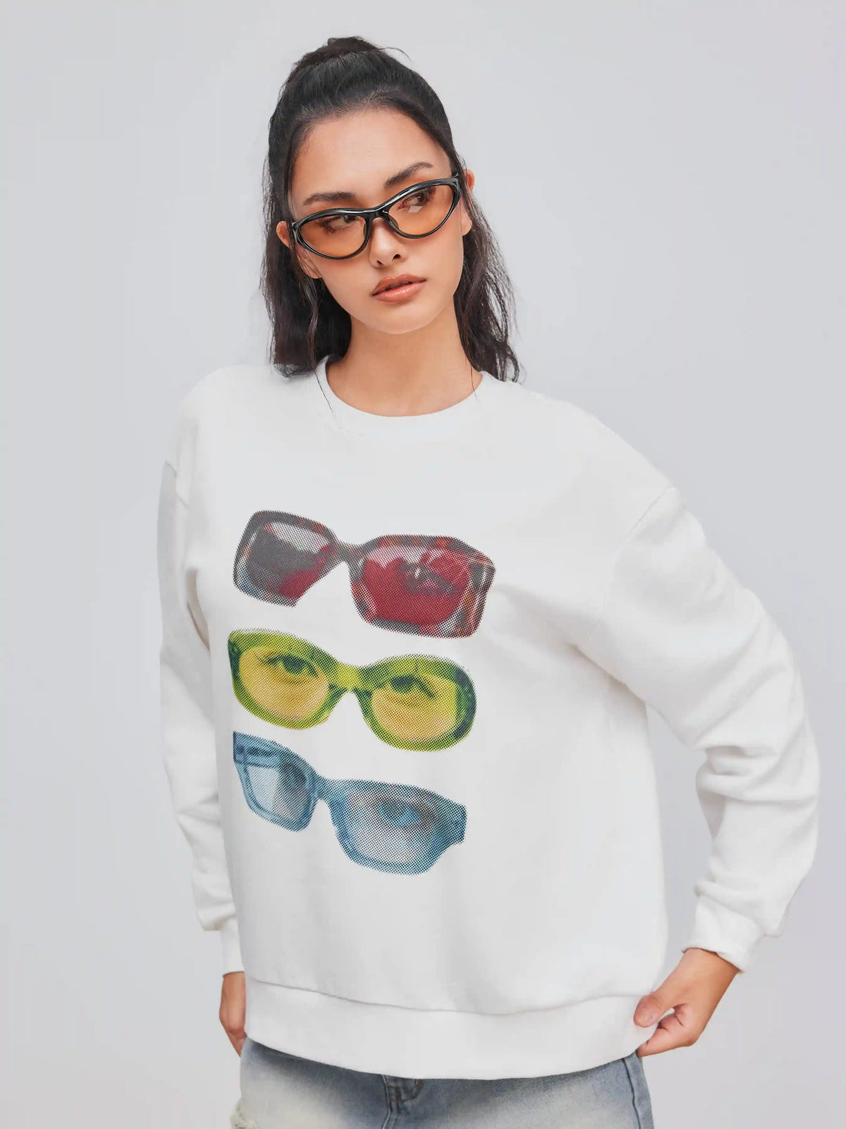 Terry Round Neckline Glasses Graphic Oversized Sweatshirt