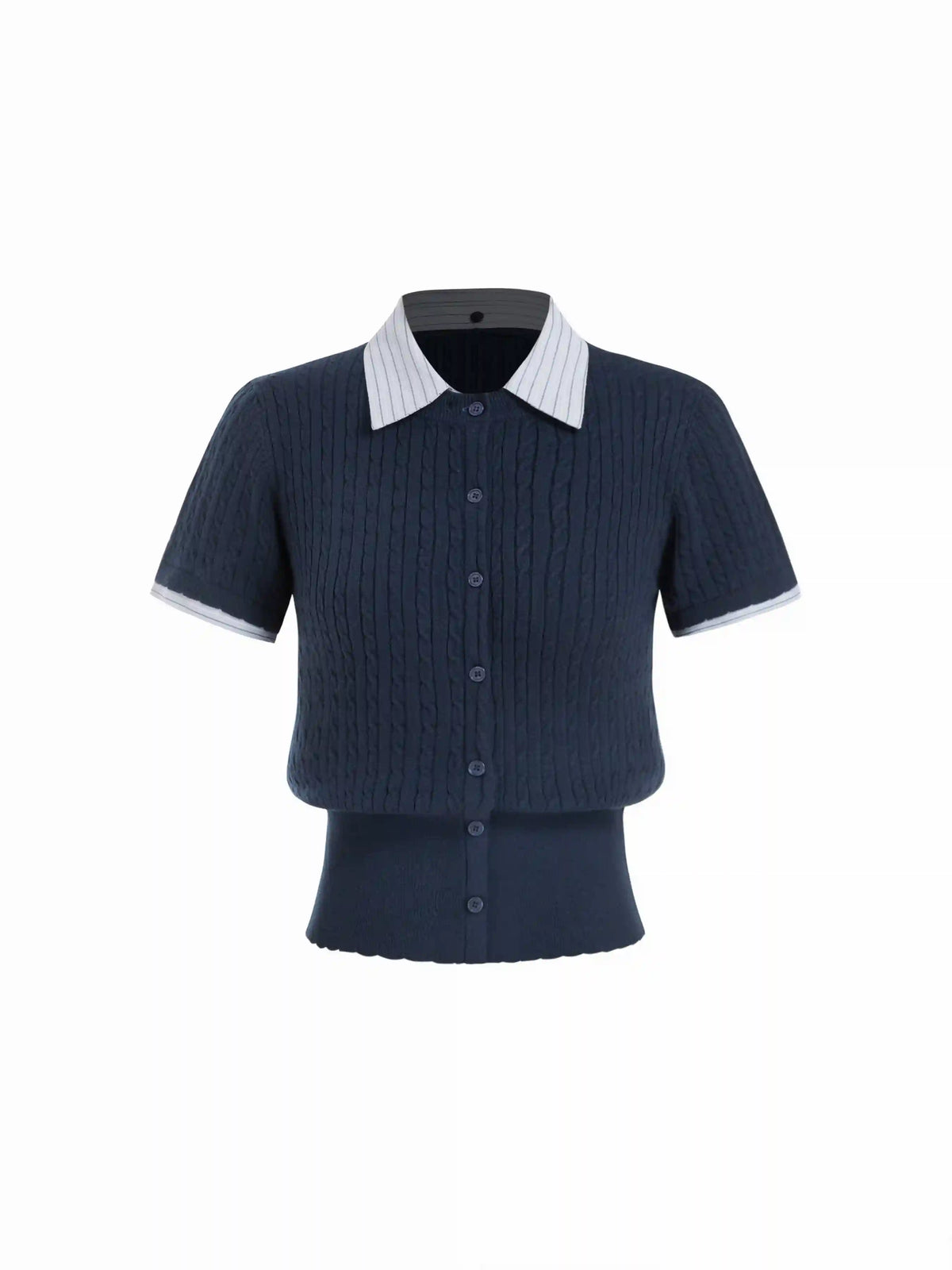 Cable Knit Contrast Stripe Polo Neck Button Through Short Sleeve Cardigan