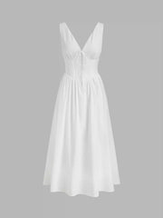 100%Cotton V-neck Pleated Knotted Maxi Dress