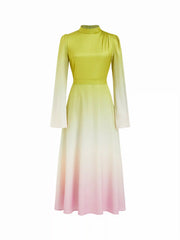 Satin Stand Collar Gradient Lace Up Bell Sleeve Flared Maxi Dress