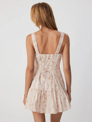 Cotton Floral Square Neck Lace Up Ruffle Hem A-line Mini Dress
