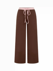 Cotton-blend V-neck Two Tone Top & Mid Rise Drawstring Straight Leg Trousers Set