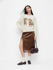 Knit Wool-blend Dog Graphic Long Sleeve Oversized Sweater