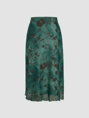 High Waist Mesh Floral Midi Skirt
