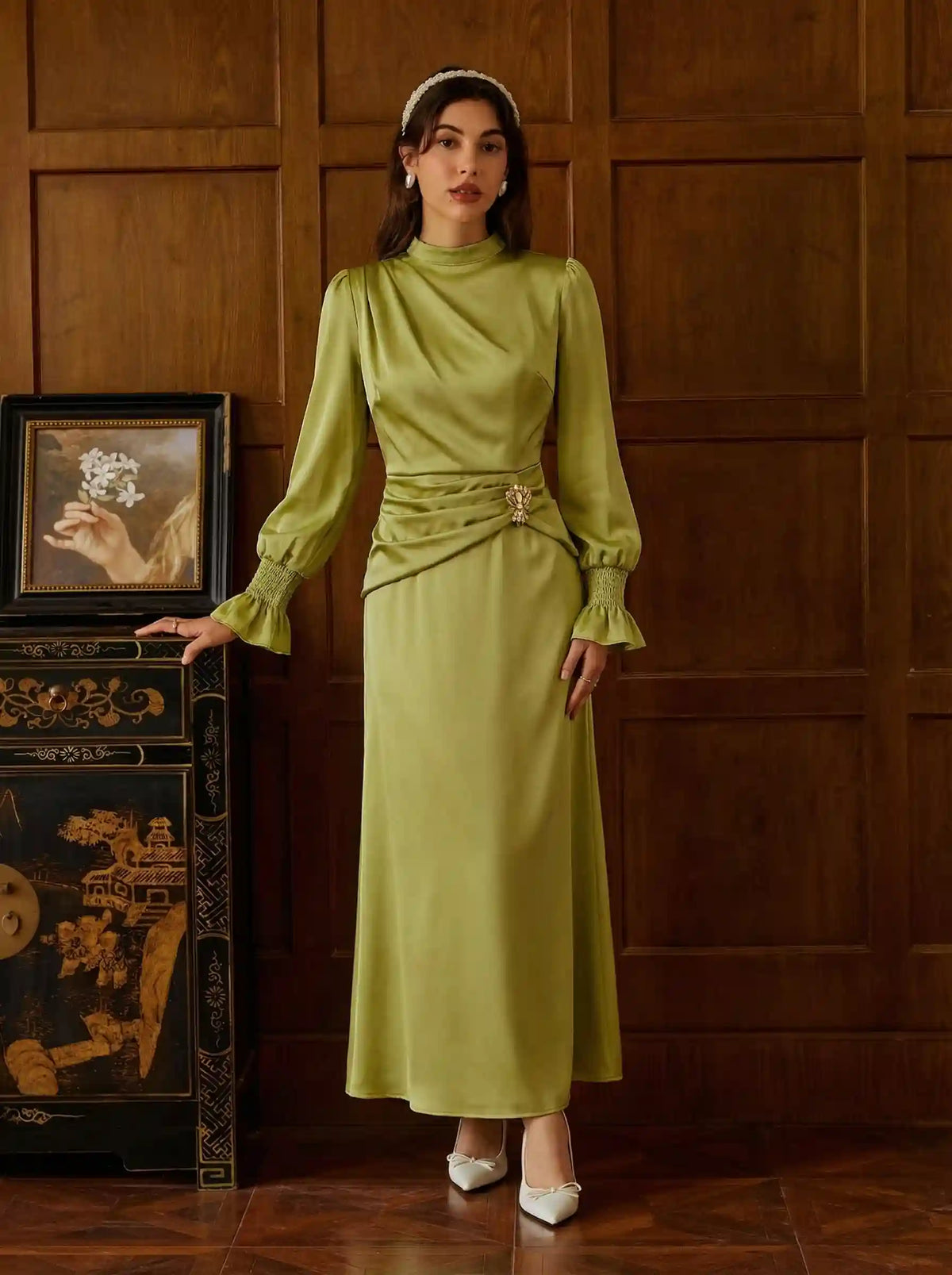 Satin Stand Collar Lantern Sleeve Ruched Waist A-line Maxi Dress