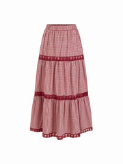 Cotton-blend Mid Rise Gingham Lace Flared Maxi Skirt