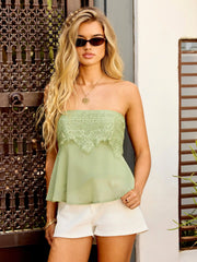 Chiffon Floral Lace Shirred Cropped Bandeau Top