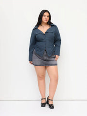 Cotton-blend Stripe Collar Long Sleeve Ruched Belted Shirt Curve & Plus