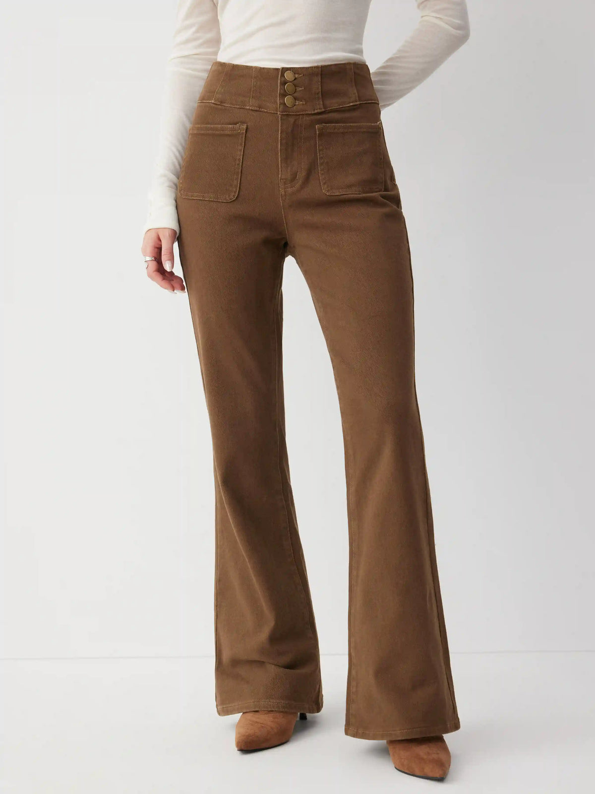 Stretch Denim High Rise Metal Detail Flared Jeans