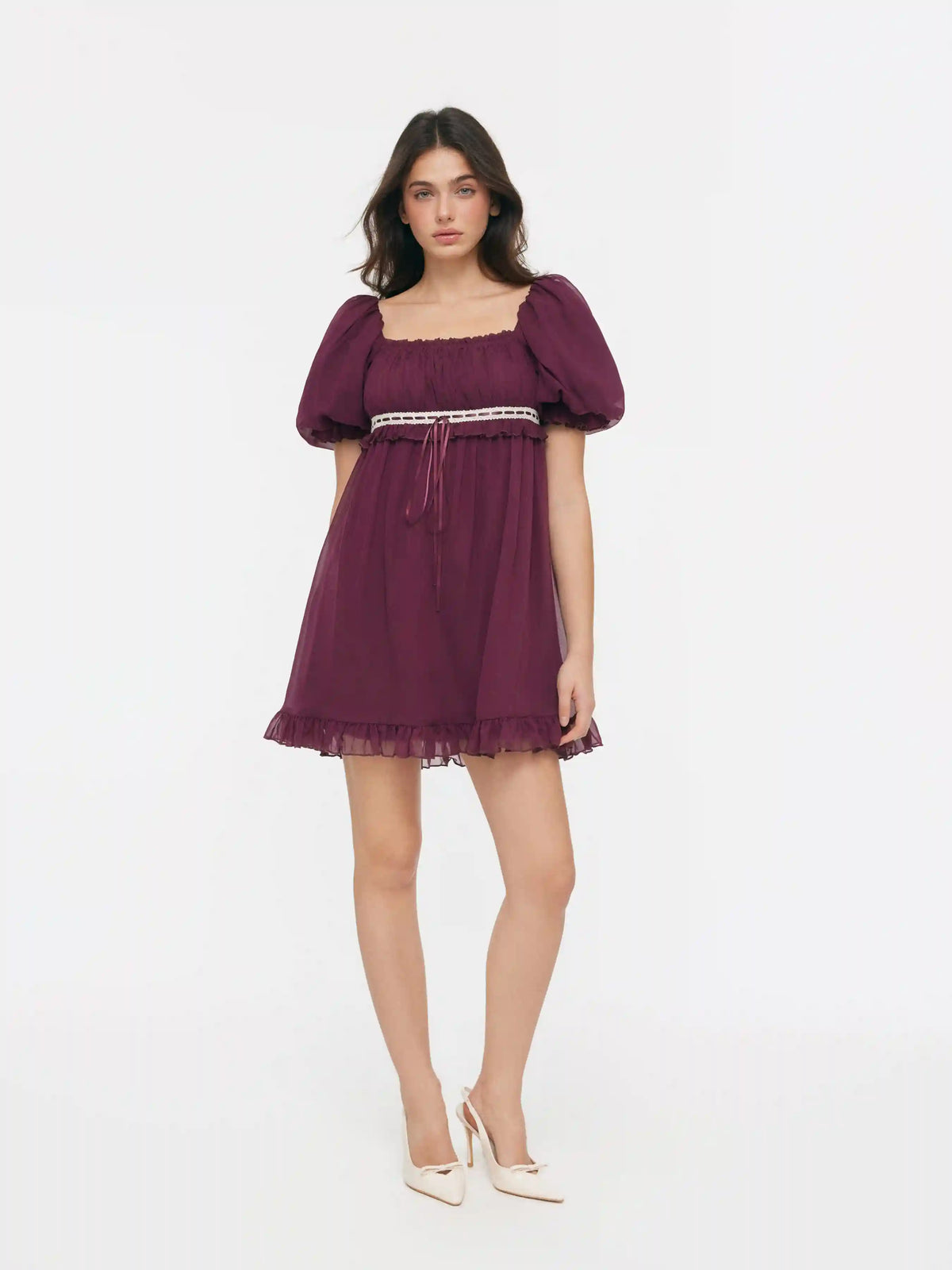 Chiffon Square Neck Ruffled Puff Sleeve Oversized Babydoll Mini Dress