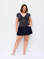 Ditsy Floral V-Neck Contrasting Lace Puff Sleeve Top Curve & Plus