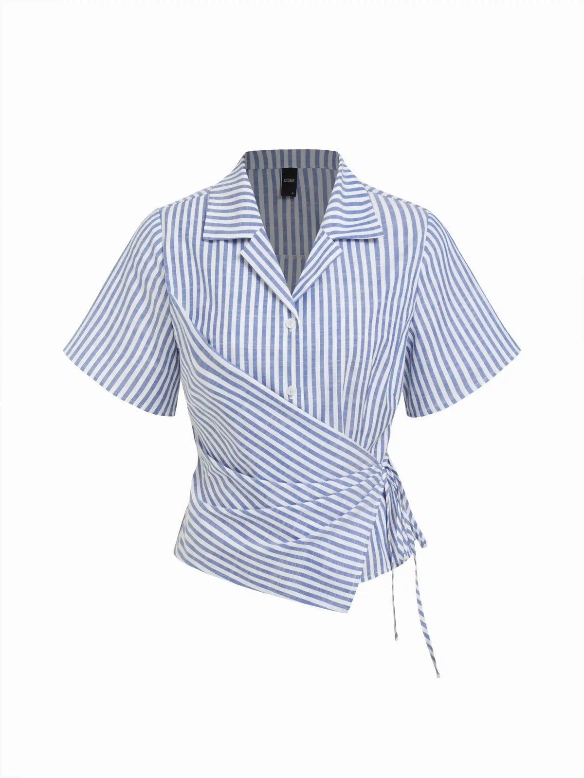 Cotton-blend Stripe Wrap Short Sleeve Blouse