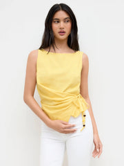 Linen-blend Beaded Knotted Ruched Tank Top